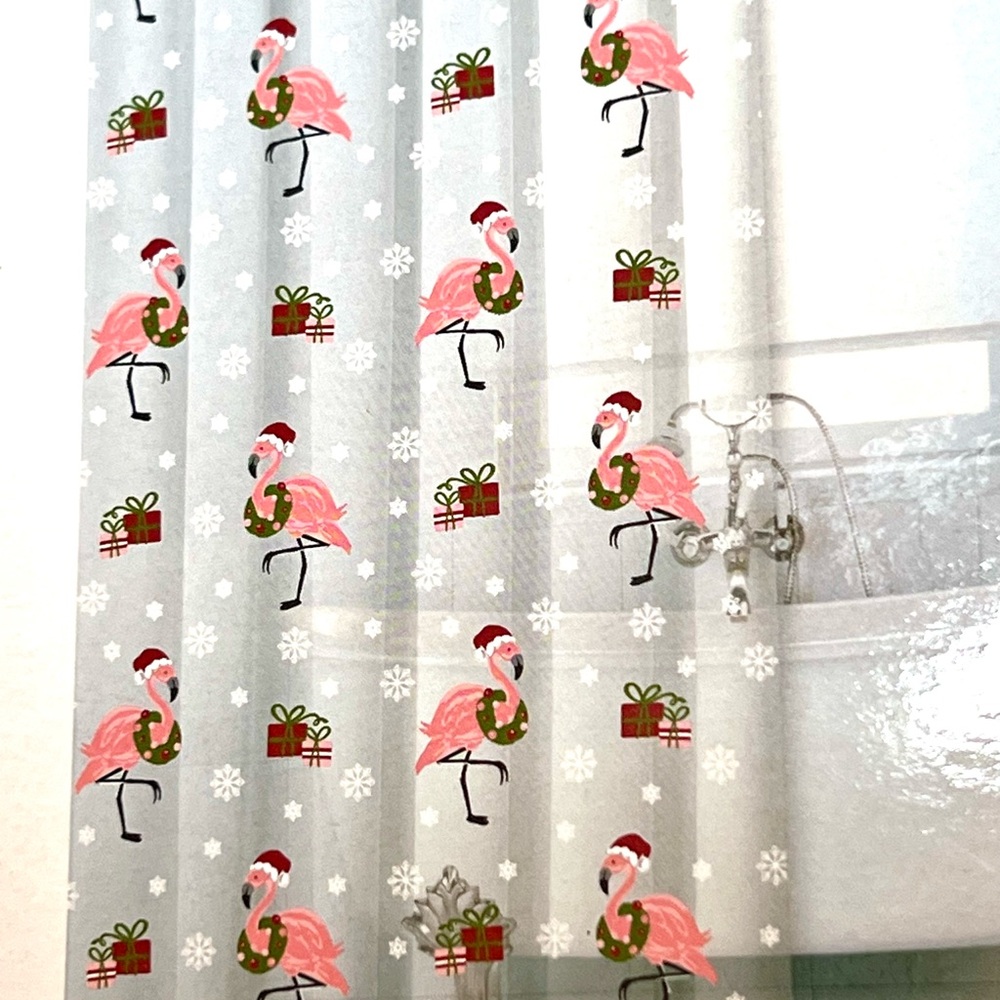 Christmas Pink Flamingos Peva Shower Curtain Tropical Snowflakes Santa Hats - Picture 5 of 5